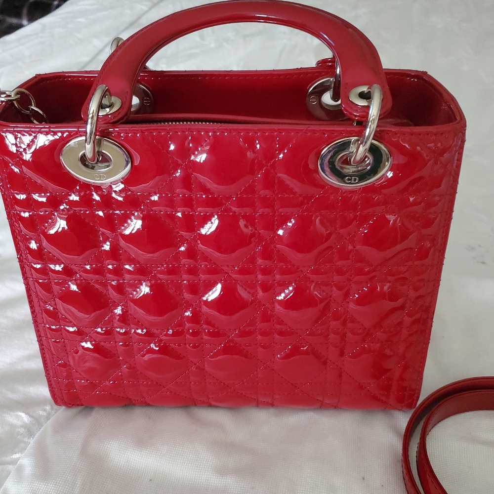 DIOR LADY DIOR - CANNAGE QUILTED RED PATENT LEATHER
